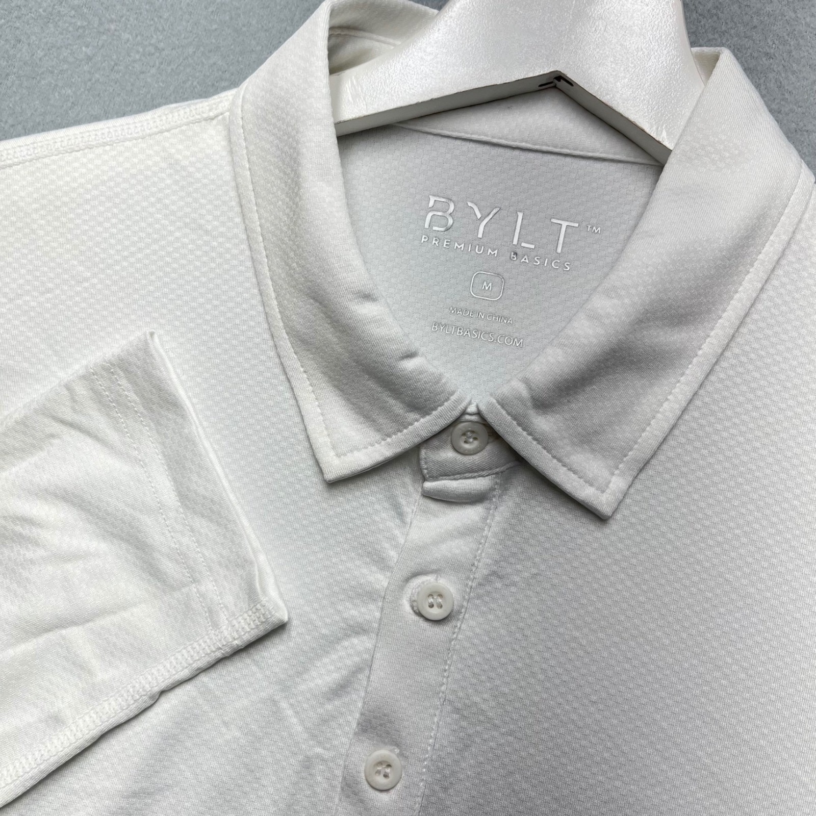Bylt Premium Basics Long Sleeve Polo Shirt Mens Medium White Performance Stretch